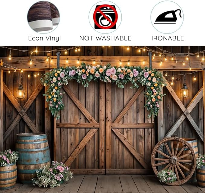 20x10ft Country Wedding Photography Backdrop Rustic Barn Door Photography Backdrop Farmhouse Pink Flower Cabin Wooden Birthday Baby Shower Wedding Bridal Party Banner Photo Booth Props Background