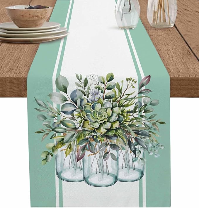 Eucalyptus Cotton Linen Table Runner for Dining Kitchen, Wedding Outdoor Party Tablerunners Decoration, Green Leaves Botanical Plants Watercolor Dresser Scarf Coffee Tablecloth Runners 13x60 Inches
