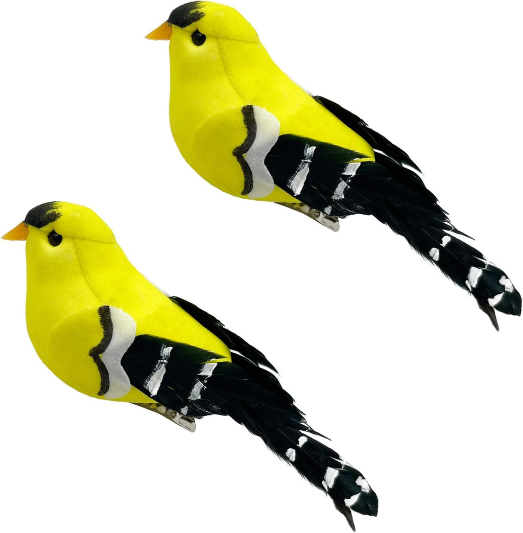 Artificial Birds Realistic Yellow Goldfinch 2 Pack Clip on Foam Feathered Bird Ornaments Figurines for Christmas Tree Decoration Wreaths Crafts Party Home Decor