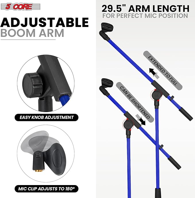 5 Core Tripod Mic Stand Floor Adjustable 18 to 72 Inches Sturdy Boom Arm Holder Microphone Stands Pedestal Para Microfono for Singing - MS 080 SKY D-BLU