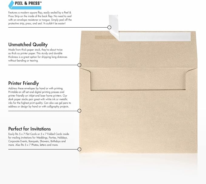 LUXPaper A7 Invitation Envelopes | Peel & Press | 5 1/4" x 7 1/4" | Taupe Metallic | 80lb. Text | 250 Qty