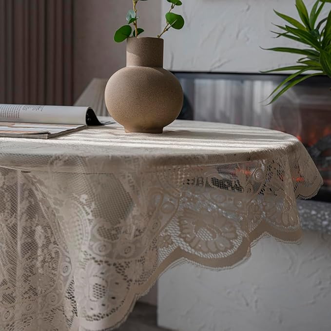 Vintage 60 inch Beige Lace Tablecloth Floral Embroidered Boho Shabby Chic Small Table Cover for Wedding Halloween Party Dinning Holiday, 1 Piece
