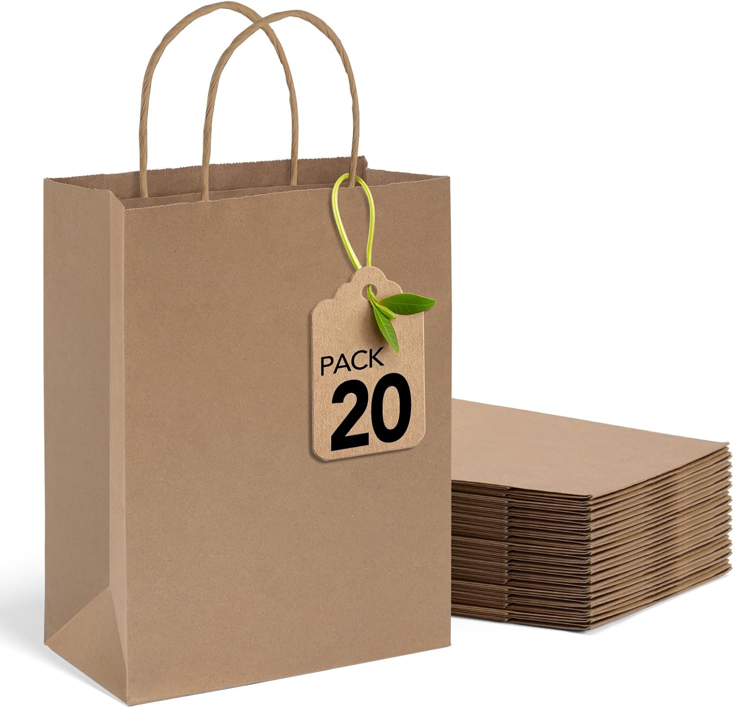 MESHA Brown Paper Bags 8x4.25x10.5 Inch 20Pcs, Paper Bags with Handles, Sturdy Brown Gift Bags for Retail, Birthday Party Favors, Shopping, Small Business (Made in USA)