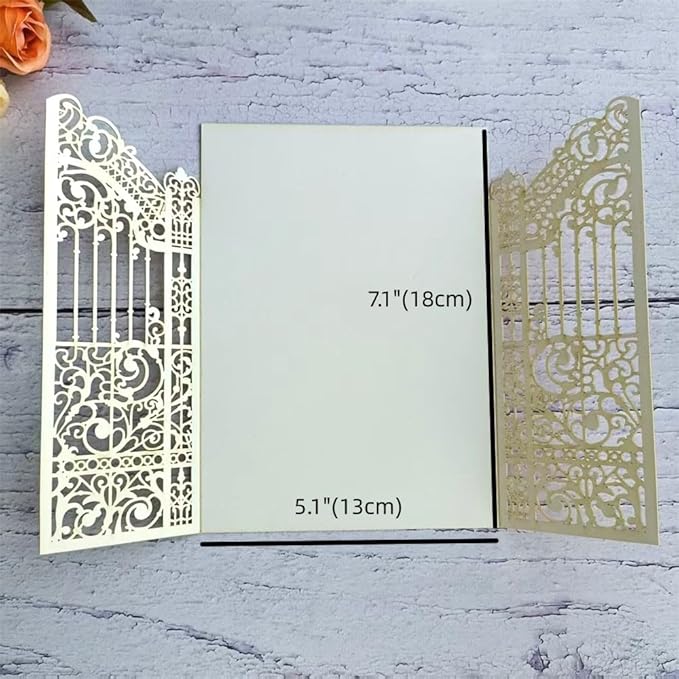 Glitter Laser Cut Gate Invitation Gold Castle For Wedding Valentine Birthday Quinceanera Sweet 16th 25 Sets (light rose gold glitter, 4.9"x7.1")