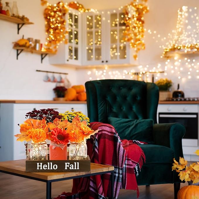 DIYDEC 3PCS Fall Mason Jars 3 * 5Inch Lighting Painted Thanksgiving Tiered Tray Decorative Jars with Wood Tray &Artificial Flowers Wishing Bottles for Autumn Holiday Home Table Centerpiece Decor Gift