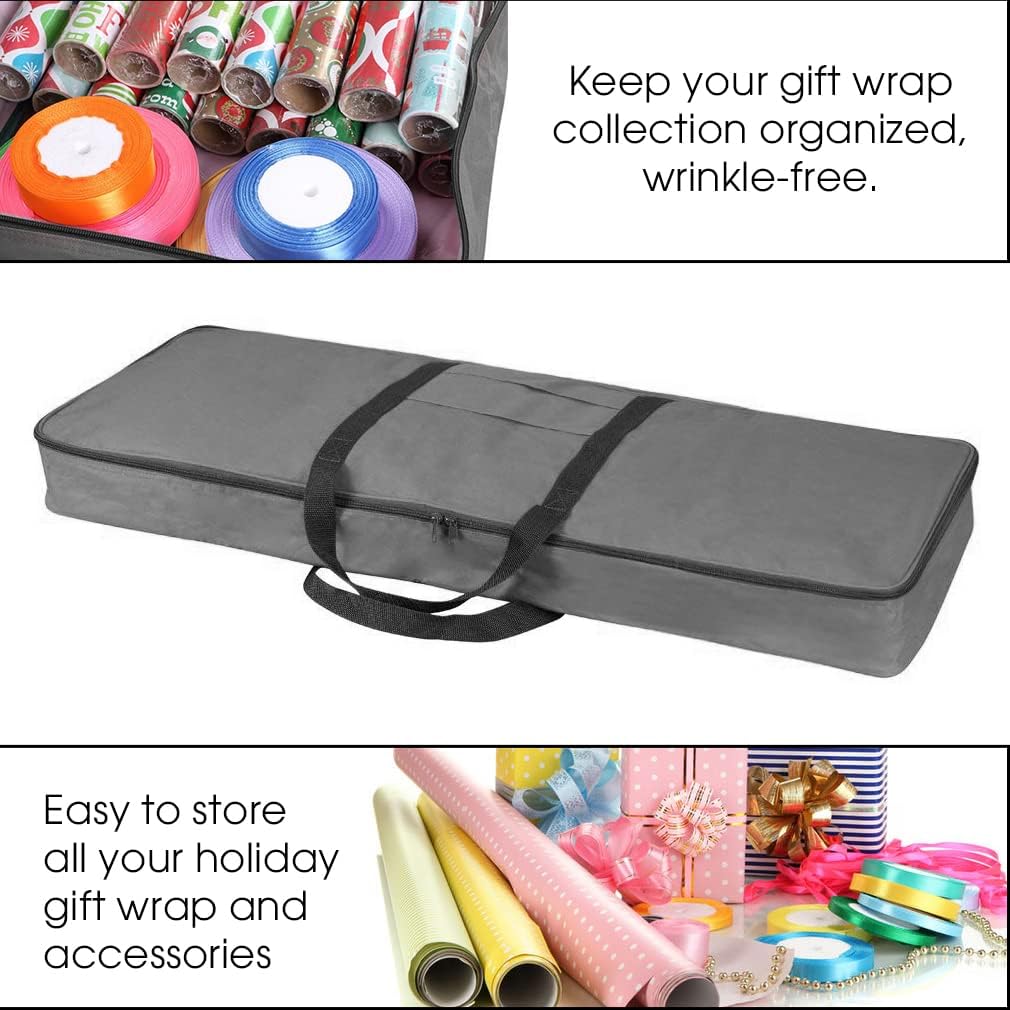 Christmas Wrapping Paper Storage Bag with Pockets | Gift Wrap Organizer Container | 37” x 14” x 4” | Underbed Durable Box Made of 600D Oxford Material (Gray)