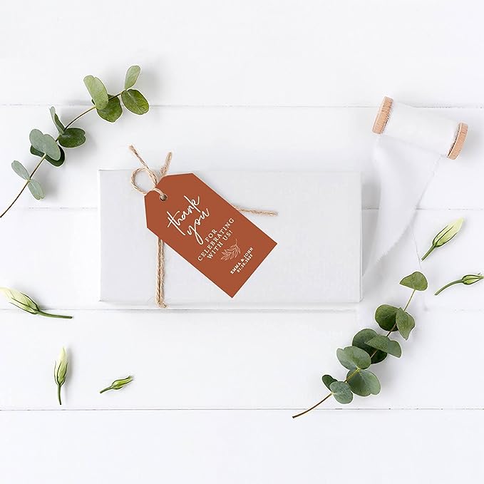 Andaz Press 100-Pack Personalized Thank You for Celebrating with Us Wedding Favor Tags with Bakers Twine Terracotta Line Design Custom Cardstock Wedding Gift Tags for Party Favors 2 x 3.75-Inches
