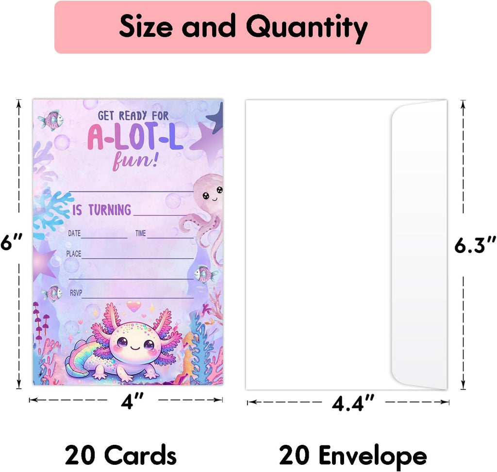 Axolotl Birthday Party Invitation Cards for Kids, 20 Party Invites with Envelopes, Cute Purple Ocean Animal Birthday Invitations for Boys Girls Teens Children, Axolotl Birthday Party Decorations -L860
