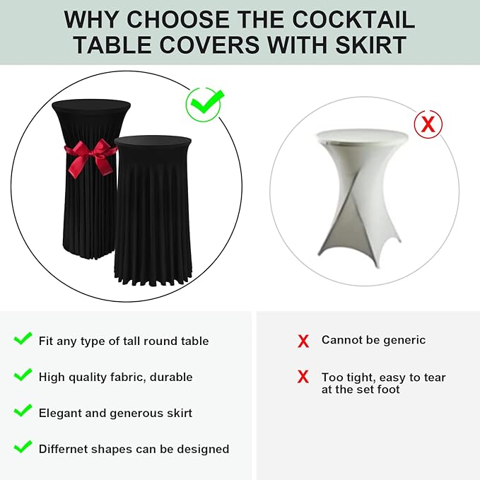 Cocktail Table Covers - 2 Pack 24"x 43" Black Cocktail Table Tablecloth with Natural Wavy Round Skirt for Bar Wedding Party Banquet