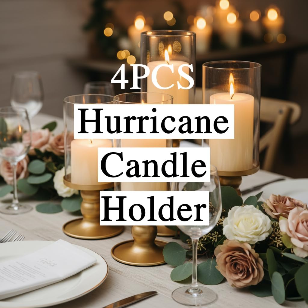NITIME 4Pcs Hurricane Candle Holder for Pillar Candles, Gold Candle Holders with Clear Glass Sleeve for Table Centerpieces,Pillar Candle Holders for Home Decor, Wedding, Holiday and Party Decor