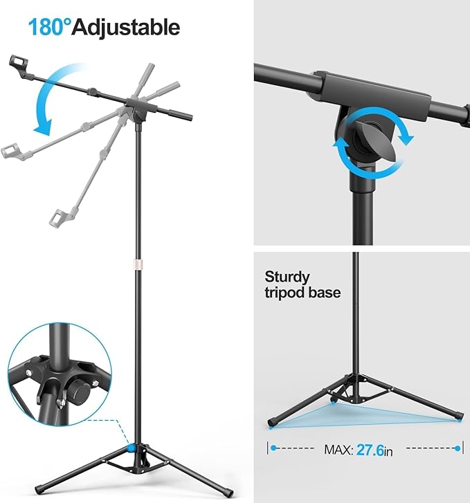 Mic Stand with Boom Arm, Heavy Duty Tripod Microphone Stand Floor Holder Height Adjustable with Carrying Bag and 2 Mics Clips for Singing Performance, Home Studio Recording, Podcast and Stage