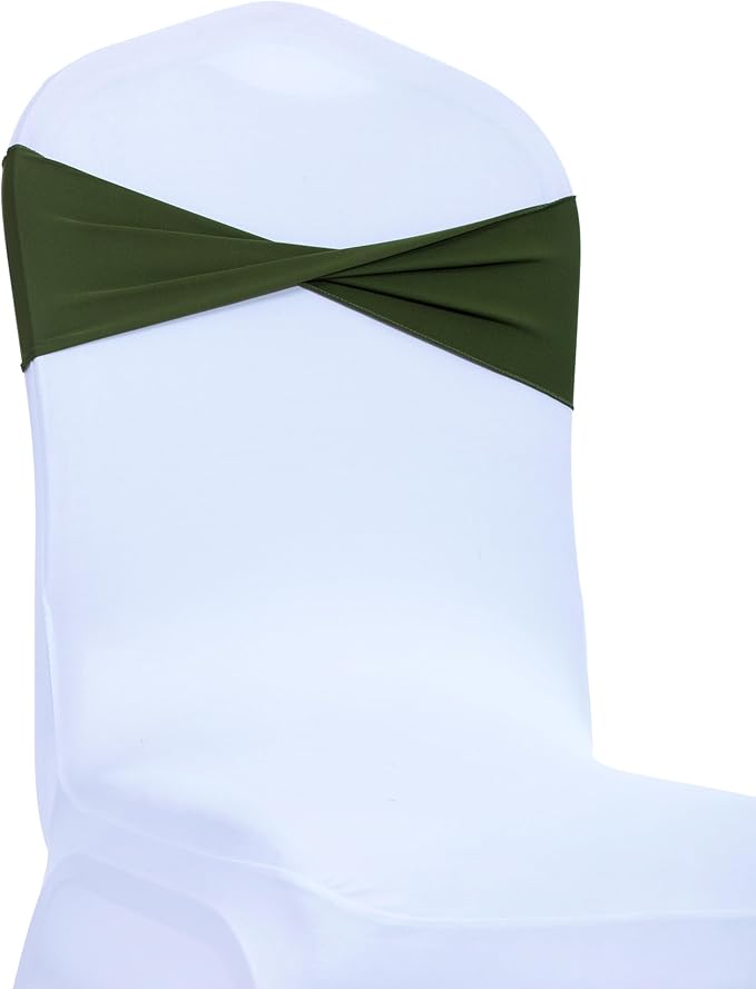 MDS Pack of 50 Spandex Chair Sashes Bows Elastic Stretch Dining Chair Bands Ties Without Slider Buckle Universal fits for Wedding Baby Shower Birthday Party Banquet Event Decoration - Olive Green