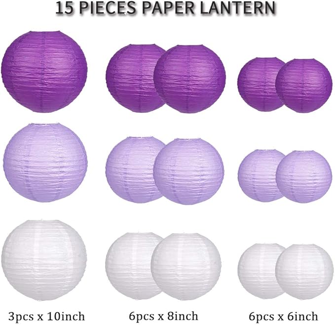 Paper Lanterns Decorative, Round Hanging Paper Lanterns Decorations for Bachelorette Engagement Birthday Party Decorations Purple/Lavender/White 15pcs
