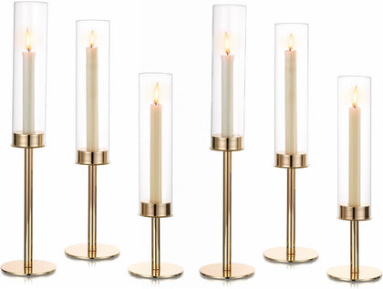Hewory Gold Candlestick Holders: 6PCS Cylinder Glass Hurricane for Tapers