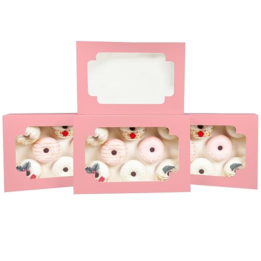 qiqee Auto-pop up Pink Cookie Box with Window 12x8x2.5 inch 32 Packs Two Uses One Second Folding Pastry Biscuit Bakery Box for Packaging