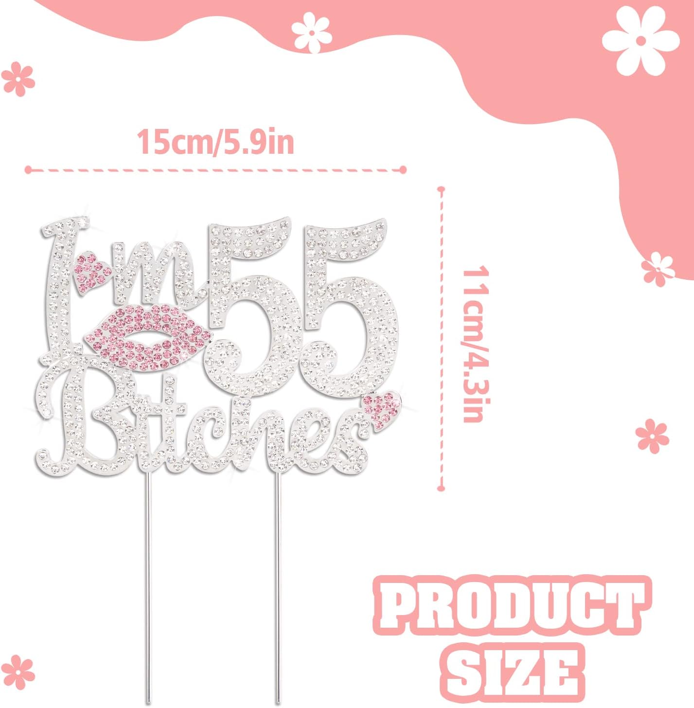 I'm 55th Funny Birthday Pink Rhinestone Cake Topper - Happy 55th Birthday Cheers to 55 Years Old Bday Party Metal Sparkly Food Centerpieces Topper Decorations Sign.