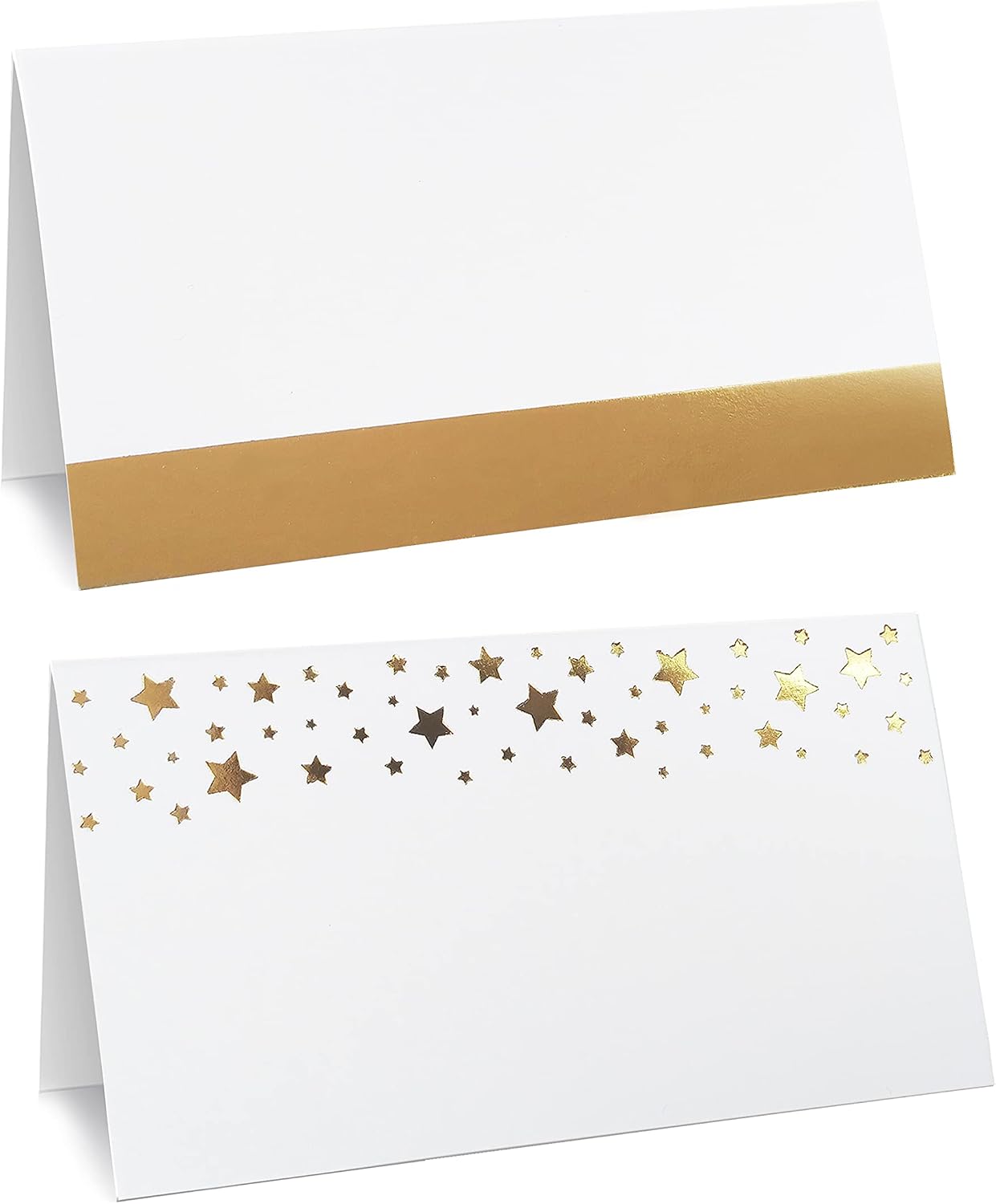 CLEVER SIGNS 100 Pack Gold Place Cards for Wedding Party Reception, 2" X 3.5, Double Design, Gold Foil Stars and Line, Scored for Easy Folding, Place Cards for Table Setting