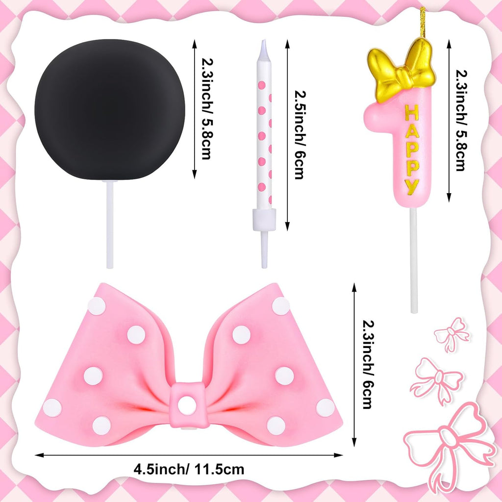 Mouse Cake Candles Topper Pink Bow and Ears Decorations with 20 PCS White Dot Long Candles for Baby Birthday Cake Topper Decor (Number 1)