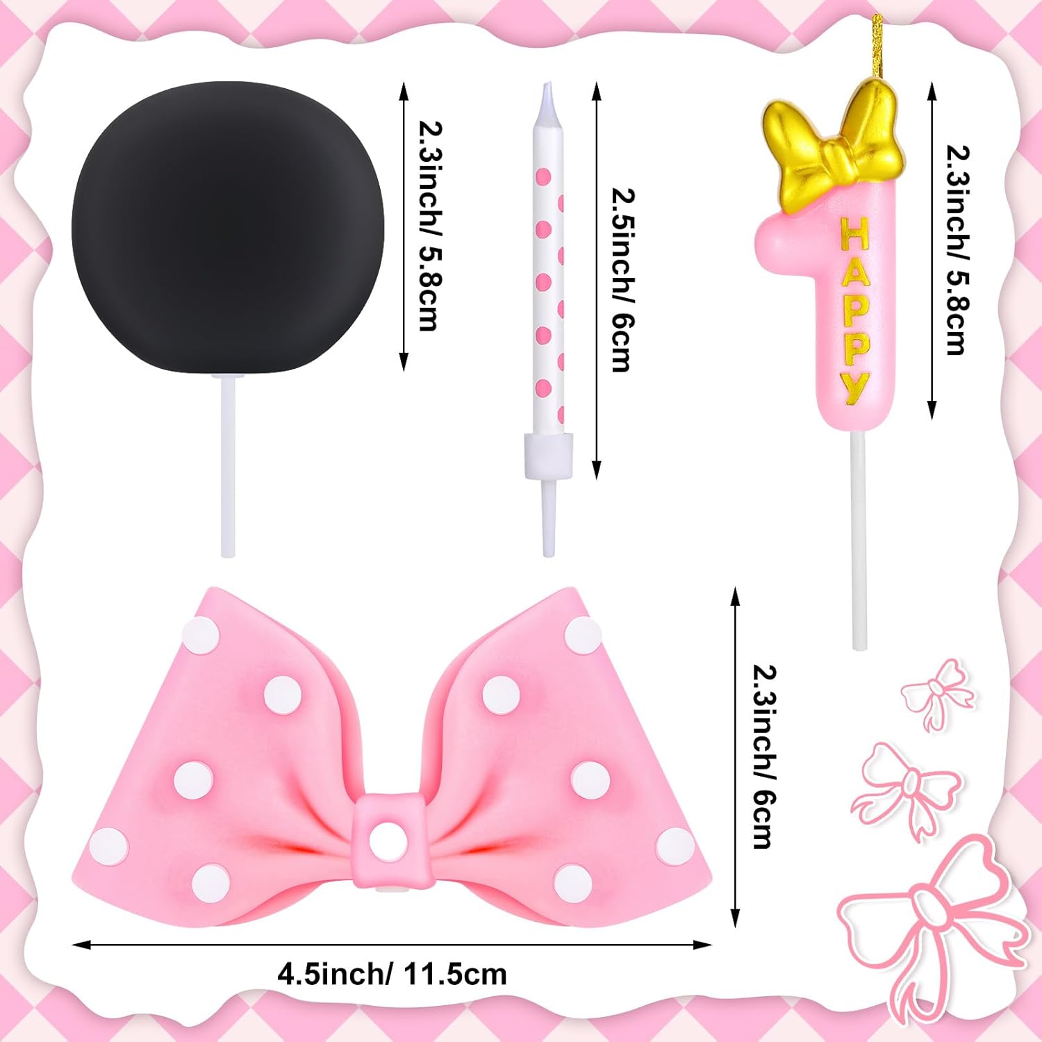 Mouse Cake Candles Topper Pink Bow and Ears Decorations with 20 PCS White Dot Long Candles for Baby Birthday Cake Topper Decor (Number 1)