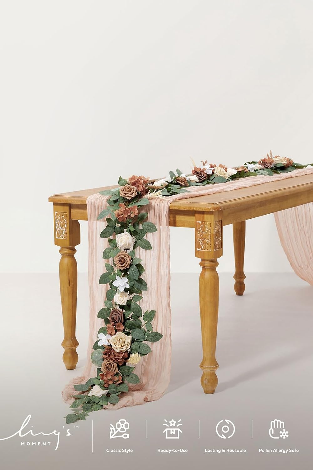 Ling's Moment 5FT Beige Brown Artificial Flower Garland Fake Rose Eucalyptus Garland Arch Flowers Vine for Wedding Party Backdrop Home Table Centerpieces Decorations