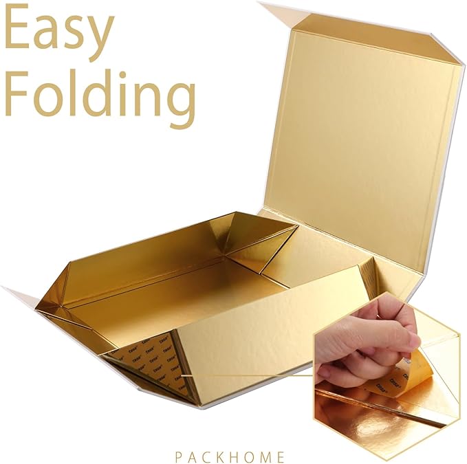 PACKHOME Christmas Gift Box 13x9.7x3.4 Inches, Large Gift Box with Lid, Sturdy Shirt Box with Magnetic Lid for Wrapping Gifts (Gold Snowflake Pattern)