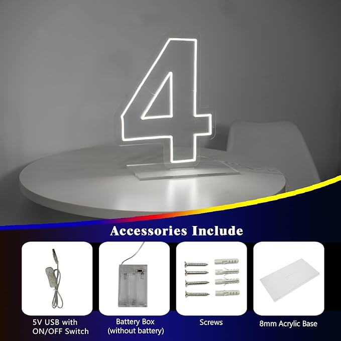 Number 4 Neon Sign for Birthday, 16.54" Cool White USB Battery Powered One Neon Sign for Party Wedding Anniversary Decor Light Sign (Number 4)