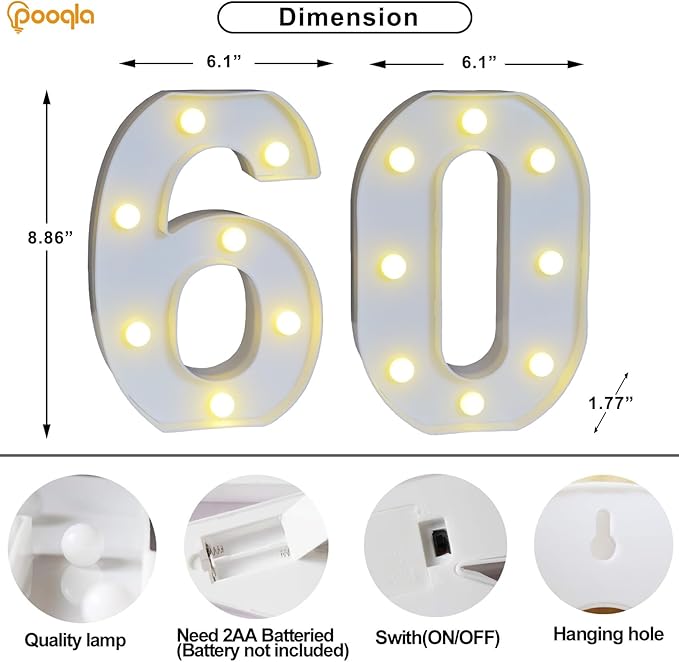 Pooqla Decorative Led Light Up Number Letters, White Plastic Marquee Number Lights Sign for 60th Birthday Party Wedding Decor Battery Operated Number (60)
