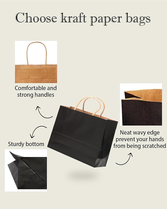 qiqee 50-Packs Black Paper Gift Bags with Handles Bulk 12.6"x4.3"x10" Wide Large Size Party Favor Bags Multiple Uses