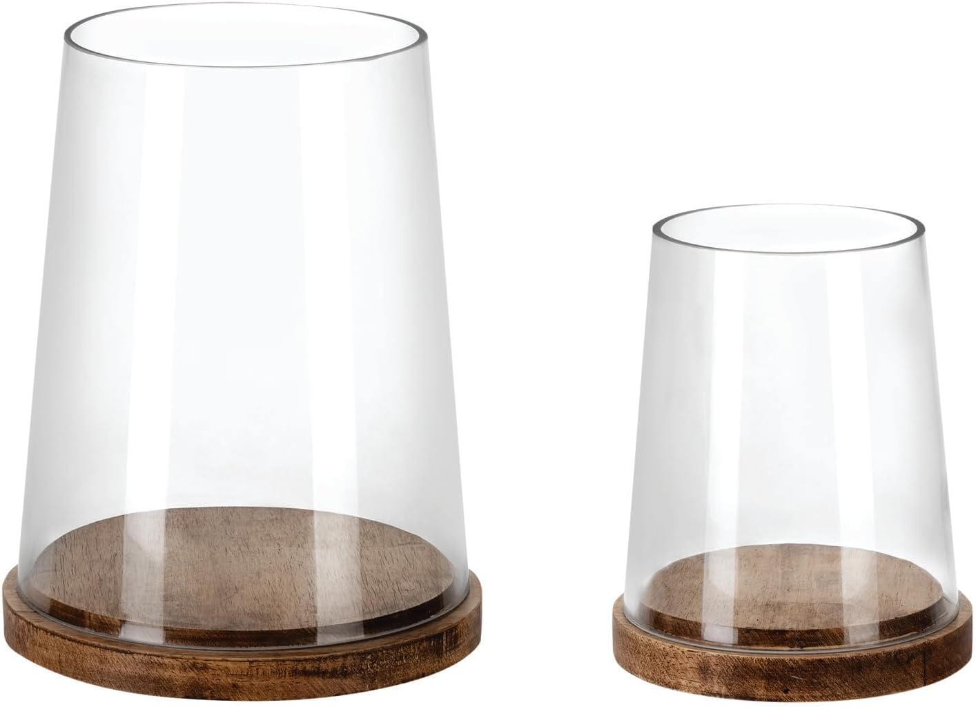 Set of 2 Glass Hurricane Candle Holders with Handmade Sturdy Glass Sleeves and Vintage Natural Wood Base for Pillar Candle & Plants, Industrial, Farmhouse, Display Cloche Bell Jars, Table Centerpiece