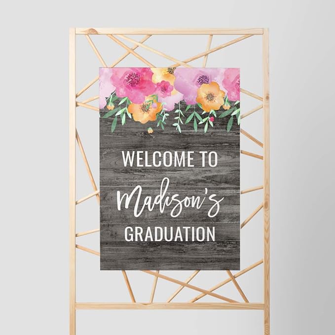 Andaz Press Personalized Extra Large Wedding Easel Board Party Sign, 12x18-inch, Pink Floral Flowers on Gray Rustic Wood, Your Text Here, 1-Pack, Custom