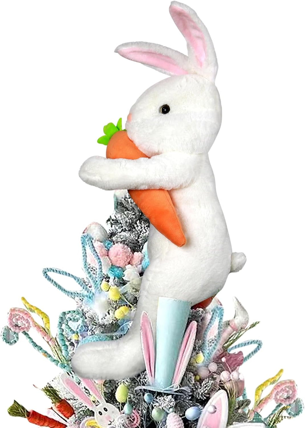 Hongsome Easter Bunny Tree Topper Decorations,Spring Plush Rabbit Hugged Carrot for Tree Basket Stuffers Holiday Home Party Supplies Decor White