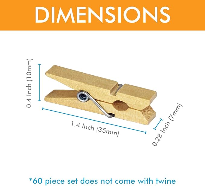 Mini Natural Wooden Clothespins, 60pcs, 1.4 Inch Photo Paper Peg Pin Craft Clips for Scrapbooking, Arts & Crafts, Hanging Photos (60pc Natural)