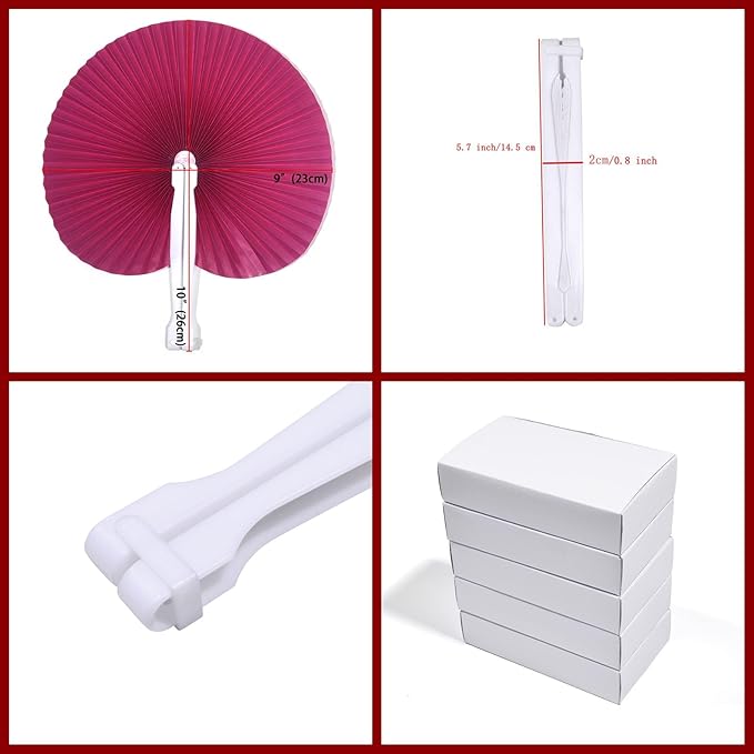 12 Packs Decorative Paper Folding Hand Fans Handheld,Hot Pink Round Foldable Wedding Fans Chinese and Japanese Fans Bulk for Bridal Guest Church Party Favors Dancing Birthday DIY