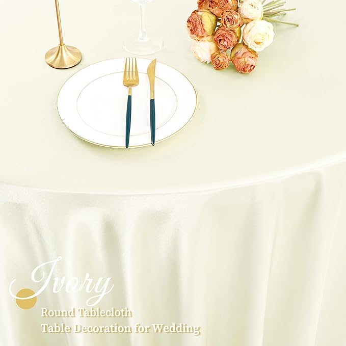 fani 12 Pack 120 Inch Ivory Satin Tablecloth - Premium Bright Silky Round Tablecloth Overlay Smooth Fabric Table Cover, Table Decoration for Wedding Party Banquet Events Restaurant Kitchen Dining