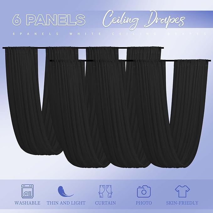 6 Panels Black Ceiling Drapes for Wedding 5ftx15ft Ceiling Drapes Wedding Arch Draping Fabric Cheesecloth Sheer Curtain Romantic Ceiling Decorations for Weddings Party Banquet Ceremony Stage