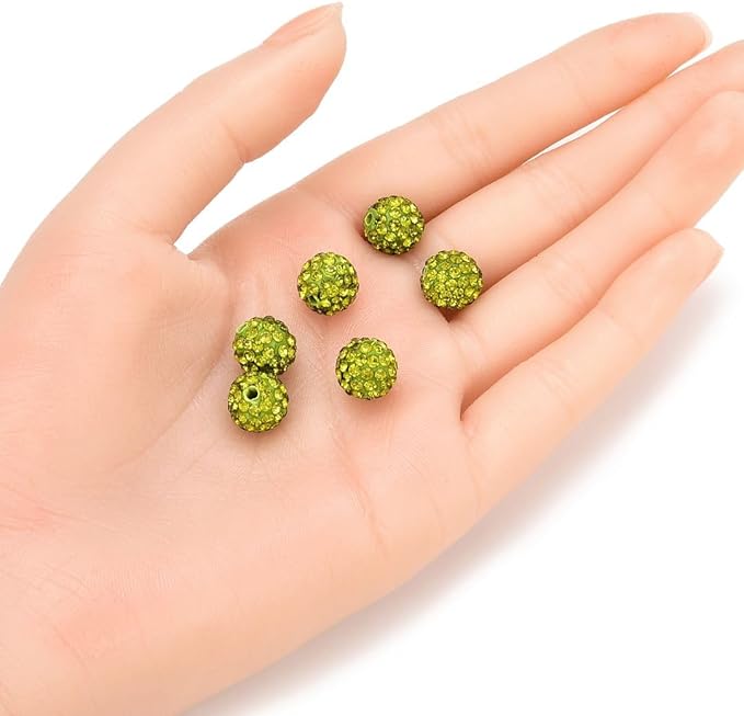 50pcs Adabele Grade A Suncatcher Crystal Rhinestone Pave Loose Beads 10mm Olivine Green Polymer Clay Disco Ball Spacers Compatible with Shamballa All Craft Jewelry Making DB10-17