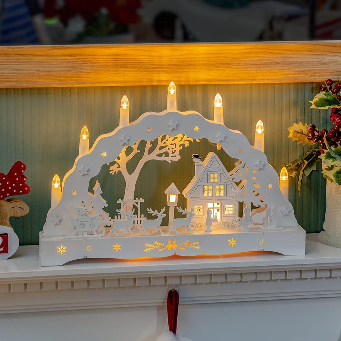 The Christmas Workshop 88200 Wooden Illuminated Candle Bridge | 7 Warm White Candles | Indoor Christmas Decoration | Battery Operated | 43cm x 28cm x 8cm