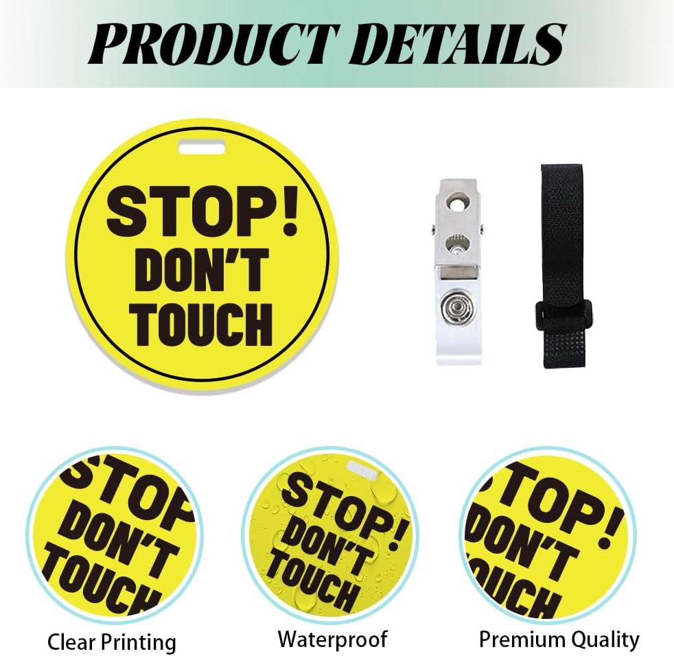 PLIGREAT 2 Pack Yellow Stop Don't Touch Baby Car Seat Sign for Newborn Babys Girl Boy No Touching Kissing Baby Reminder Signage for Babys Carrier Car Seat Stroller Tag with Hanging Straps and Clip