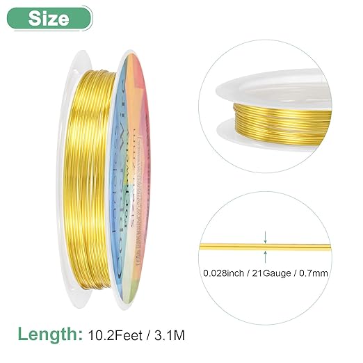 0.7 mm/21 Gauge Copper Wire for Jewelry Making, 10.2FT Copper Beading Craft Wire for Jewelry/Weaving/DIY Crafting/Planting, Color-Retaining [3.1M, Gold Tone]