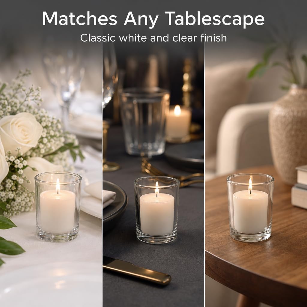 Yummi Set of 72 10hr Votive Candles & Glass Votive Holders, Clear