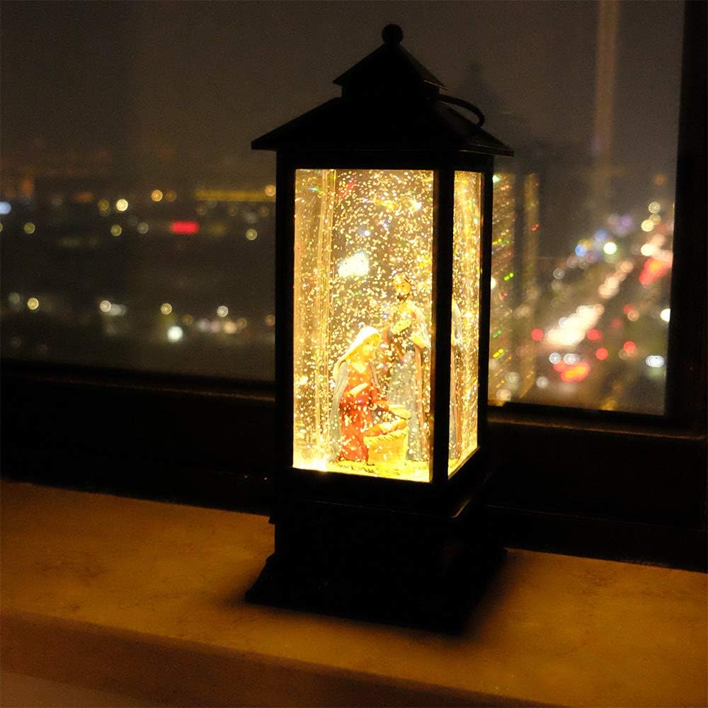 Wondise Lighted Musical Snow Globe Lantern with 6 Hour Timer, 12 Inches USB Powered and Battery Operated Spinning Water and Swirling Glitter Christmas Snow Globe Lantern Gifts(Nativity)