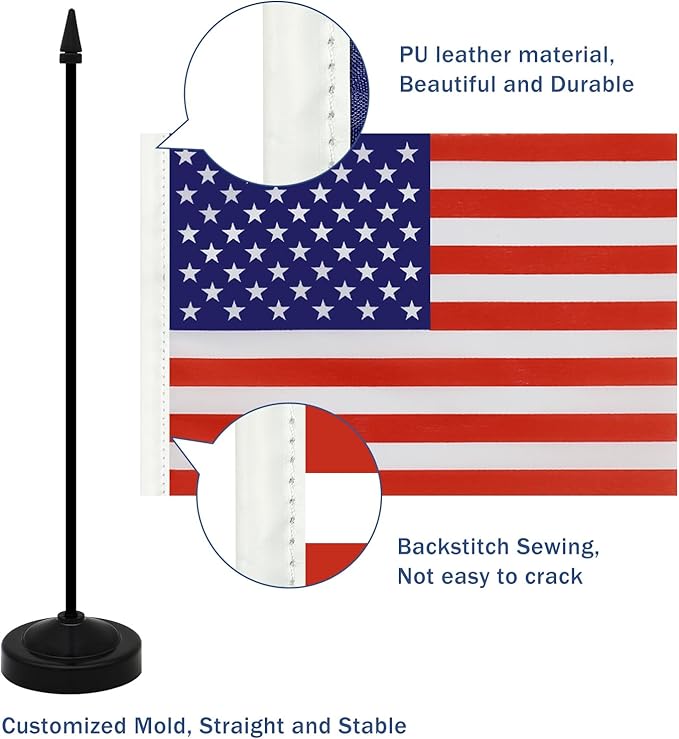 NQ American Desk Flag Set, 8.3 X 5.5 Inch Small American Flags on Stick, Mini American Flag with Stand Base, US Flag Decor for Table, Office, Home, Festival Decoration (2 Pack)