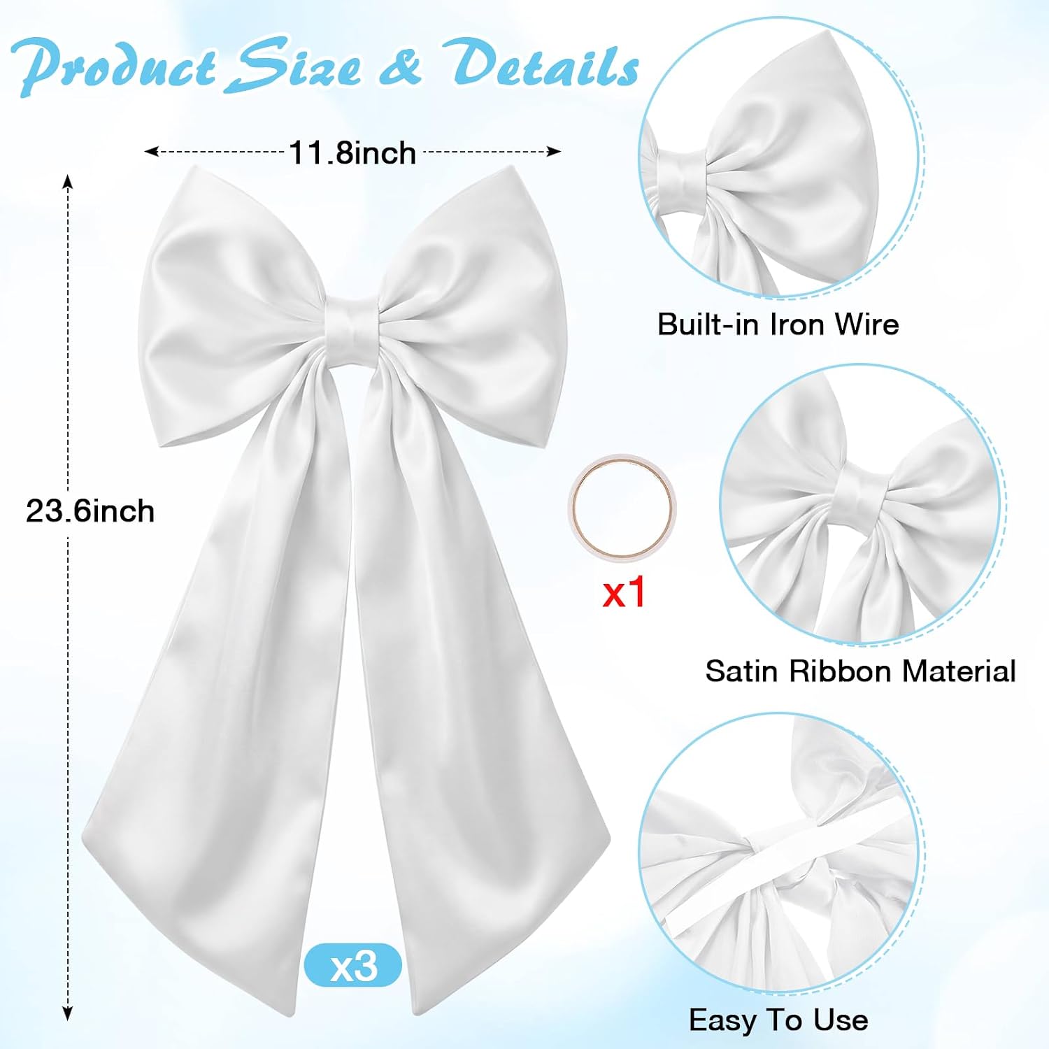 Suncalla 3 Pcs Large Crib Bow - 24 x 12 Inch Large White Bow Decor as Crib Skirt Big Satin Bows for Nursery Bedding Wedding Coquette Birthday Backdrop Bridal Shower Party Supplies