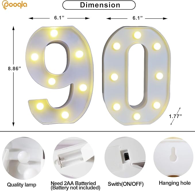 Pooqla Decorative LED Light Up Number Letters, White Plastic Marquee Number Lights Sign for 90th Birthday Party Wedding Decor, Battery Operated