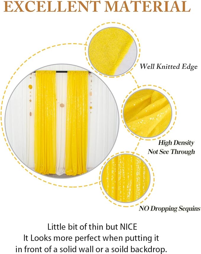 ShinyBeauty Sparkle Backdrop Curtain Yellow 2 Panels Set Sequin Photo Backdrop 2FTx8FT Sequin Backdrop Curtain Pack of 2-1220S