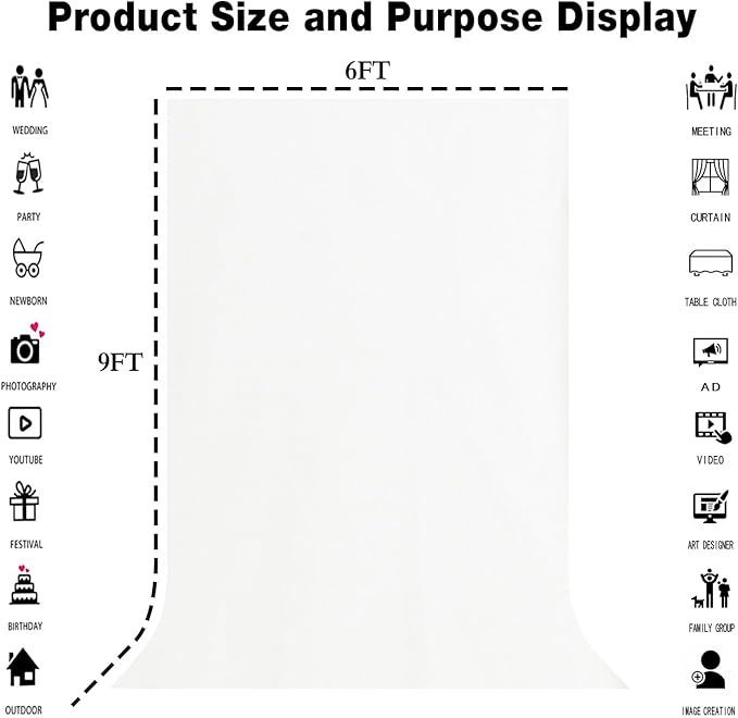 White Screen Backdrop for Photography 6x9ft Zoom Meeting, Game Live Steaming Photo Studio Shooting Props High Density Fabric Background