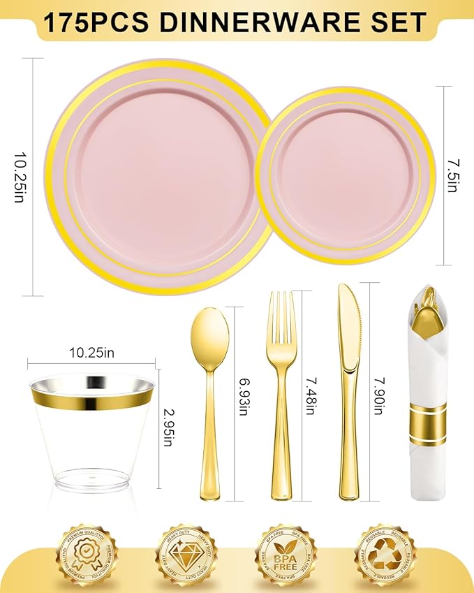175PCS Pink Plastic Dinnerware Set, Disposable Party Plates for 25 Guests, Include: 50 Pink and Gold Plastic Plates, 25 Pre Rolled Napkins with Gold Silverware, 25 Cups for Wedding, Christmas