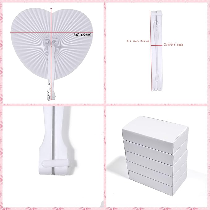 12 Pcs Decorative Paper Folding Hand Fans Handheld,White Heart Foldable Wedding Fans Chinese and Japanese Fans Bulk for Bridal Guest Church Party Favors Dancing Birthday DIY