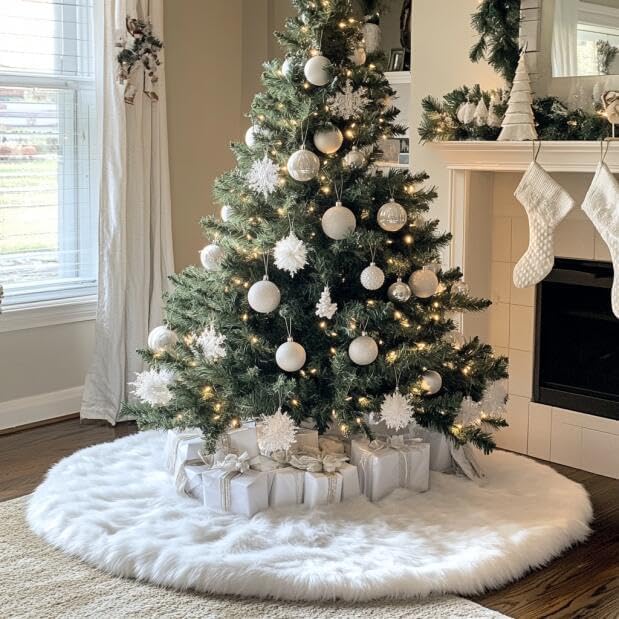 AOGU 48 Inch Faux Fur Christmas Tree Skirt White Plush Skirt for Merry Christmas Party Christmas Tree Decoration
