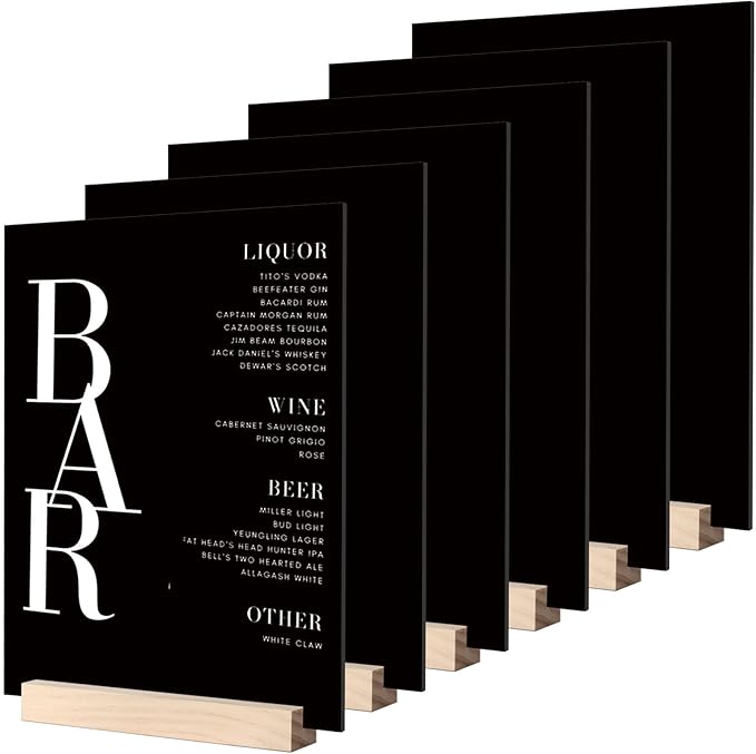 JINMURY 8x10 Inch Black Acrylic Sign with Holder- 6 Pack Blank Black Acrylic Sheets and Wood Stands, DIY Blank Signs for Wedding Party Reception (6 Pack 8 x10 Inch)